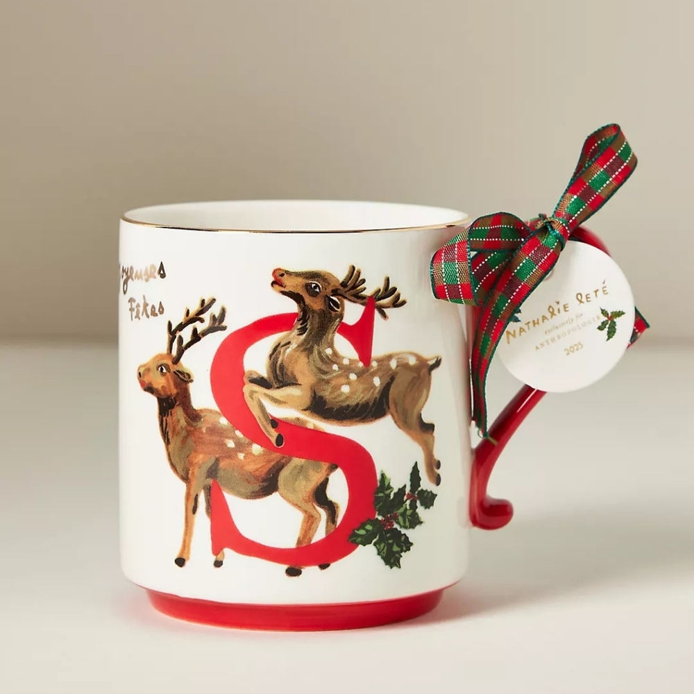 Anthropologie Nathalie Lete Stoneware Holiday Monogram Mug Letter S